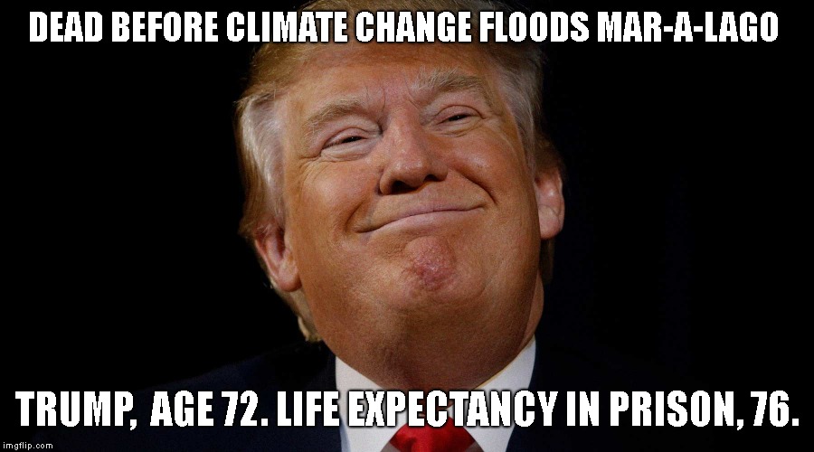 Why Trump Does Not Care About Climate Change | DEAD BEFORE CLIMATE CHANGE FLOODS MAR-A-LAGO; TRUMP,  AGE 72. LIFE EXPECTANCY IN PRISON, 76. | image tagged in trump impeachment,impeach trump,government corruption,liar,conman | made w/ Imgflip meme maker