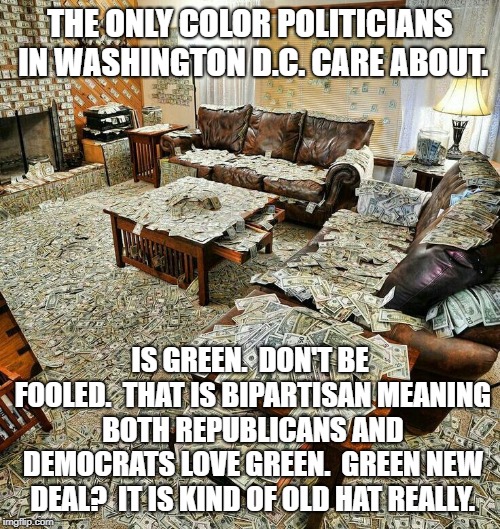 money house | THE ONLY COLOR POLITICIANS IN WASHINGTON D.C. CARE ABOUT. IS GREEN.  DON'T BE FOOLED.  THAT IS BIPARTISAN MEANING BOTH REPUBLICANS AND DEMOCRATS LOVE GREEN.  GREEN NEW DEAL?  IT IS KIND OF OLD HAT REALLY. | image tagged in money house | made w/ Imgflip meme maker