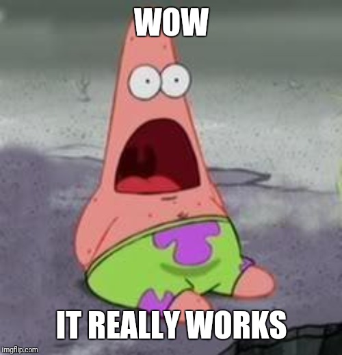 Suprised Patrick | WOW IT REALLY WORKS | image tagged in suprised patrick | made w/ Imgflip meme maker