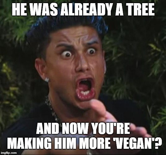 DJ Pauly D Meme | HE WAS ALREADY A TREE AND NOW YOU'RE MAKING HIM MORE 'VEGAN'? | image tagged in memes,dj pauly d | made w/ Imgflip meme maker