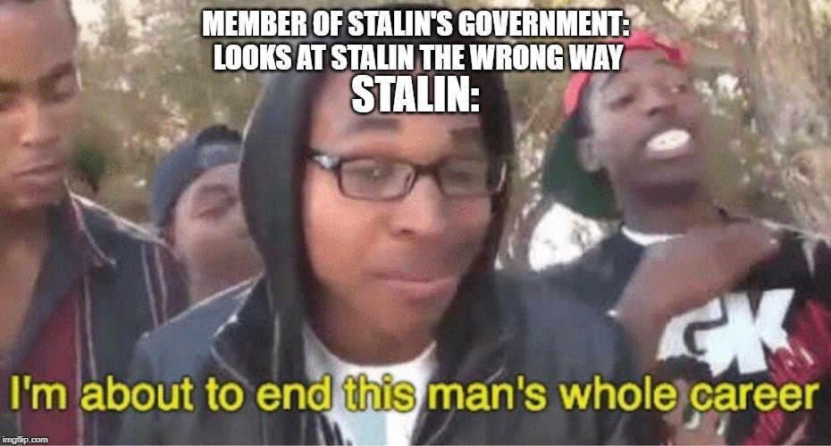Im about to end this mans whole career meme | MEMBER OF STALIN'S GOVERNMENT: LOOKS AT STALIN THE WRONG WAY; STALIN: | image tagged in im about to end this mans whole career meme | made w/ Imgflip meme maker