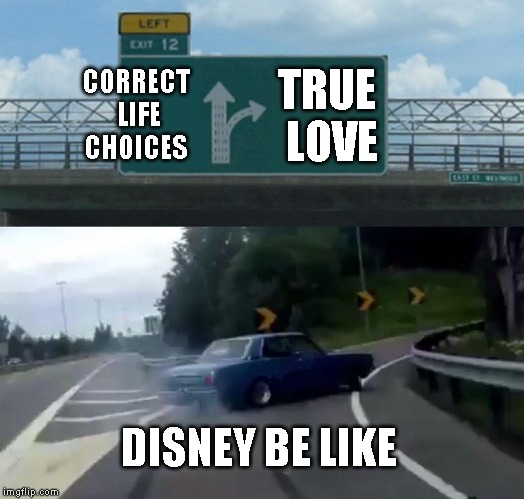 Left Exit 12 Off Ramp | CORRECT LIFE CHOICES; TRUE LOVE; DISNEY BE LIKE | image tagged in memes,left exit 12 off ramp | made w/ Imgflip meme maker