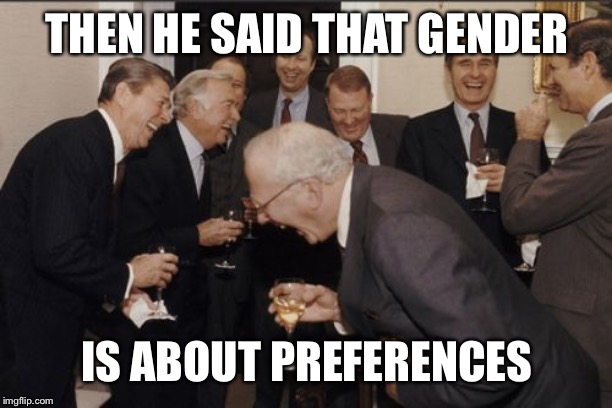 Laughing Men In Suits | THEN HE SAID THAT GENDER; IS ABOUT PREFERENCES | image tagged in memes,laughing men in suits | made w/ Imgflip meme maker