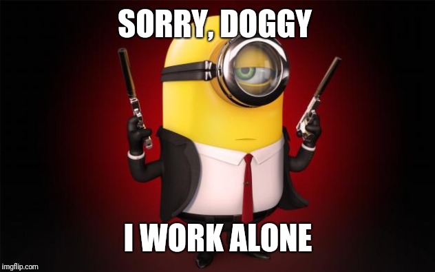 secret agent minion | SORRY, DOGGY I WORK ALONE | image tagged in secret agent minion | made w/ Imgflip meme maker