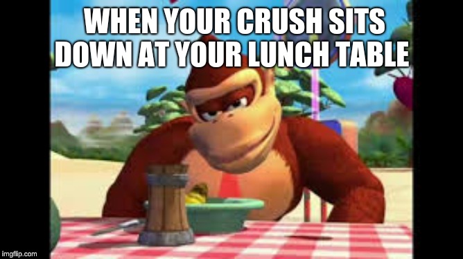 WHEN YOUR CRUSH SITS DOWN AT YOUR LUNCH TABLE | image tagged in dk meme face | made w/ Imgflip meme maker