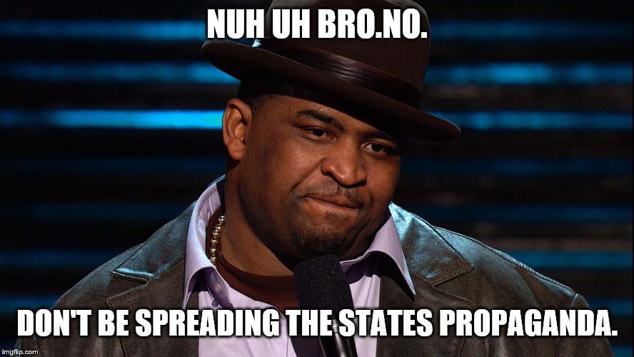 NUH UH BRO.NO. DON'T BE SPREADING THE STATES PROPAGANDA. | made w/ Imgflip meme maker