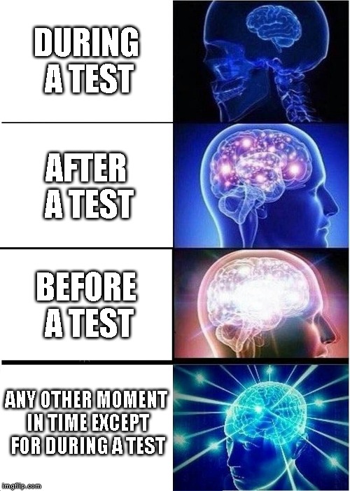 Expanding Brain | DURING A TEST; AFTER A TEST; BEFORE A TEST; ANY OTHER MOMENT IN TIME EXCEPT FOR DURING A TEST | image tagged in memes,expanding brain | made w/ Imgflip meme maker