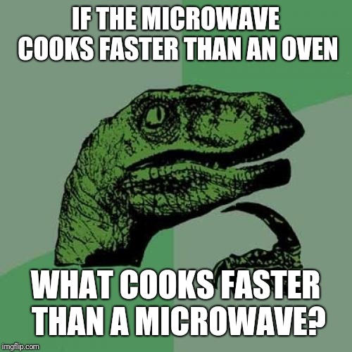 Philosoraptor Meme | IF THE MICROWAVE COOKS FASTER THAN AN OVEN; WHAT COOKS FASTER THAN A MICROWAVE? | image tagged in memes,philosoraptor | made w/ Imgflip meme maker