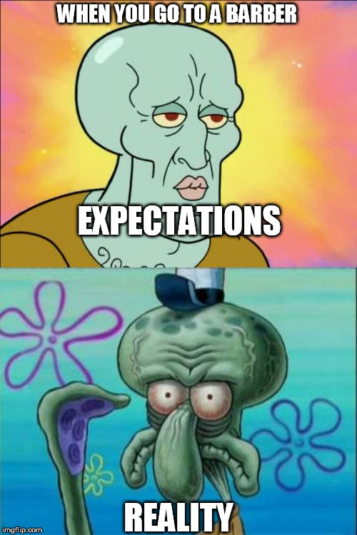 Squidward Meme | WHEN YOU GO TO A BARBER; EXPECTATIONS; REALITY | image tagged in memes,squidward | made w/ Imgflip meme maker