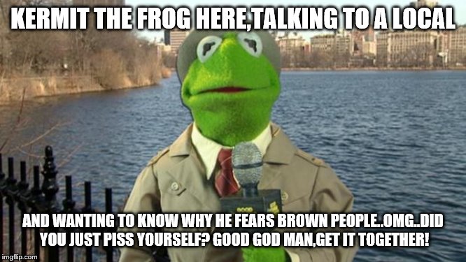 Kermit News Report | KERMIT THE FROG HERE,TALKING TO A LOCAL AND WANTING TO KNOW WHY HE FEARS BROWN PEOPLE..OMG..DID YOU JUST PISS YOURSELF? GOOD GOD MAN,GET IT  | image tagged in kermit news report | made w/ Imgflip meme maker