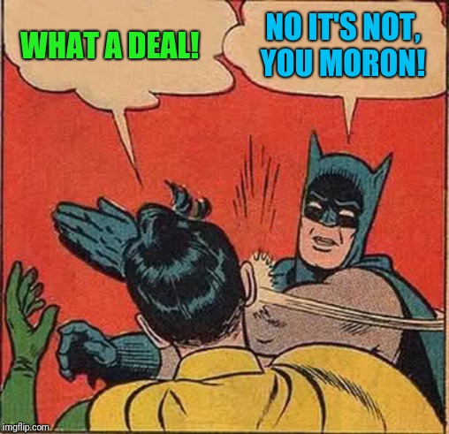 Batman Slapping Robin Meme | WHAT A DEAL! NO IT'S NOT, YOU MORON! | image tagged in memes,batman slapping robin | made w/ Imgflip meme maker