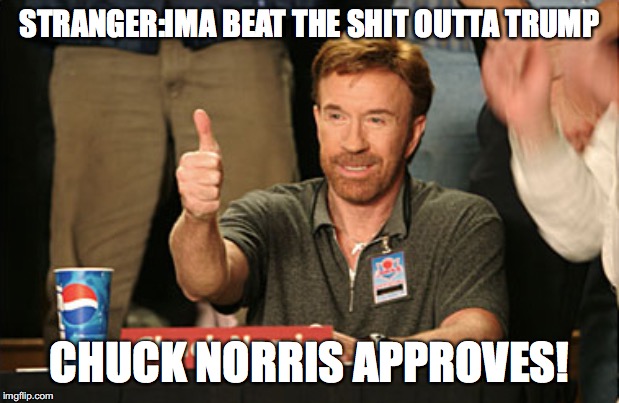 Chuck Norris Approves | STRANGER:IMA BEAT THE SHIT OUTTA TRUMP; CHUCK NORRIS APPROVES! | image tagged in memes,chuck norris approves,chuck norris | made w/ Imgflip meme maker
