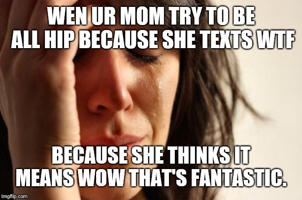 First World Problems Meme | WEN UR MOM TRY TO BE ALL HIP BECAUSE SHE TEXTS WTF; BECAUSE SHE THINKS IT MEANS WOW THAT'S FANTASTIC. | image tagged in memes,first world problems | made w/ Imgflip meme maker