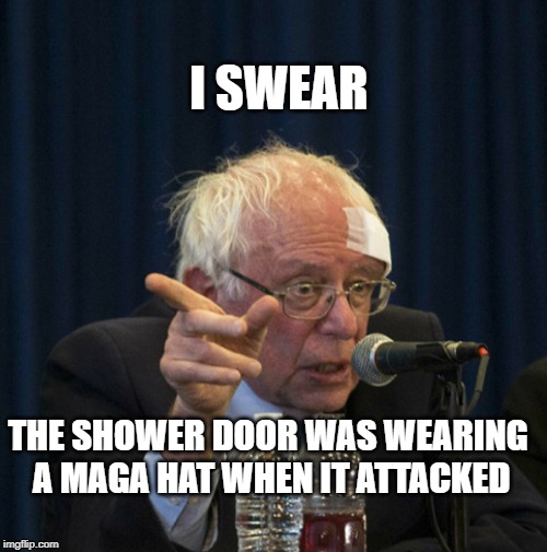 Bernie Sanders | I SWEAR; THE SHOWER DOOR WAS WEARING A MAGA HAT WHEN IT ATTACKED | image tagged in bernie sanders,bernie,shower door,commie,socialist | made w/ Imgflip meme maker