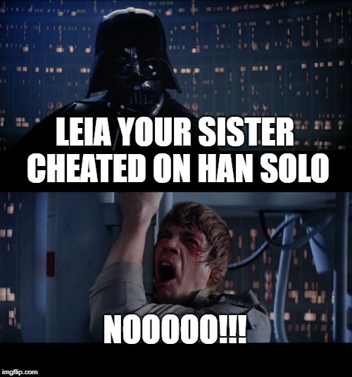 Star Wars No | LEIA YOUR SISTER CHEATED ON HAN SOLO; NOOOOO!!! | image tagged in memes,star wars no | made w/ Imgflip meme maker