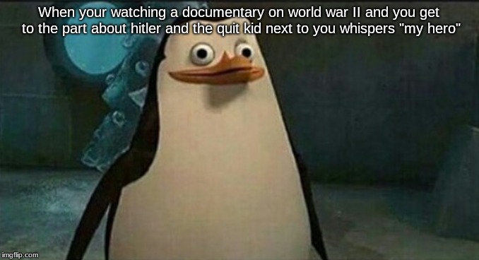 Confused Private Penguin | When your watching a documentary on world war II and you get to the part about hitler and the quit kid next to you whispers "my hero" | image tagged in confused private penguin | made w/ Imgflip meme maker
