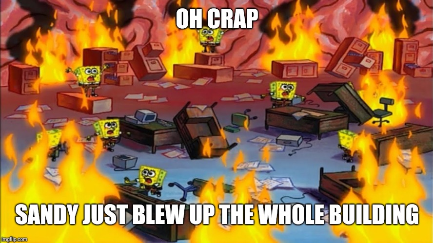 Spongebobs panicking | OH CRAP SANDY JUST BLEW UP THE WHOLE BUILDING | image tagged in spongebobs panicking | made w/ Imgflip meme maker