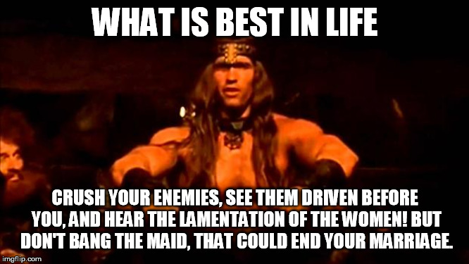 conan crush your enemies | WHAT IS BEST IN LIFE; CRUSH YOUR ENEMIES, SEE THEM DRIVEN BEFORE YOU, AND HEAR THE LAMENTATION OF THE WOMEN!
BUT DON'T BANG THE MAID, THAT COULD END YOUR MARRIAGE. | image tagged in conan crush your enemies | made w/ Imgflip meme maker