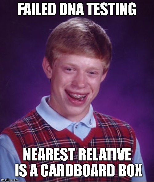 Greatest aspiration is to become a real boy. | FAILED DNA TESTING; NEAREST RELATIVE IS A CARDBOARD BOX | image tagged in bad luck brian | made w/ Imgflip meme maker