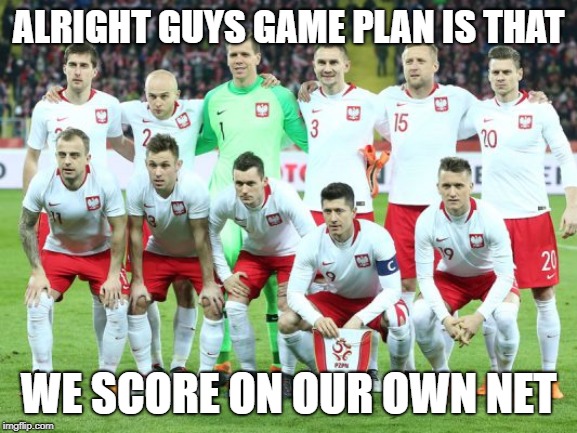 fifa | ALRIGHT GUYS GAME PLAN IS THAT; WE SCORE ON OUR OWN NET | image tagged in poland soccer | made w/ Imgflip meme maker