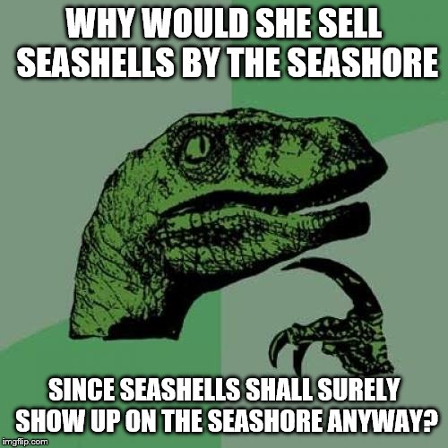 Try saying this five times fast! | WHY WOULD SHE SELL SEASHELLS BY THE SEASHORE; SINCE SEASHELLS SHALL SURELY SHOW UP ON THE SEASHORE ANYWAY? | image tagged in memes,philosoraptor | made w/ Imgflip meme maker