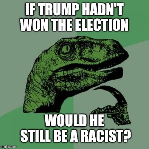Philosoraptor Meme | IF TRUMP HADN'T WON THE ELECTION; WOULD HE STILL BE A RACIST? | image tagged in memes,philosoraptor | made w/ Imgflip meme maker