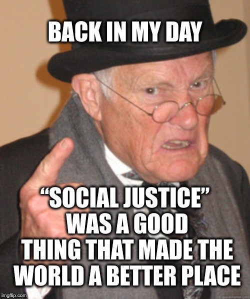 Social Justice - Not what it used to be | BACK IN MY DAY; “SOCIAL JUSTICE” WAS A GOOD THING THAT MADE THE WORLD A BETTER PLACE | image tagged in memes,back in my day,social justice,sjw | made w/ Imgflip meme maker