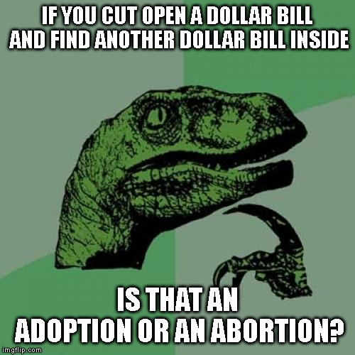 Philosoraptor Meme | IF YOU CUT OPEN A DOLLAR BILL AND FIND ANOTHER DOLLAR BILL INSIDE; IS THAT AN ADOPTION OR AN ABORTION? | image tagged in memes,philosoraptor | made w/ Imgflip meme maker