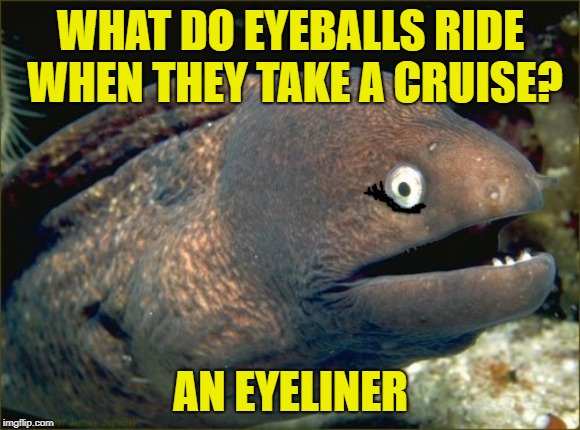 My makeup skills are second to one | WHAT DO EYEBALLS RIDE WHEN THEY TAKE A CRUISE? AN EYELINER | image tagged in memes,bad joke eel | made w/ Imgflip meme maker