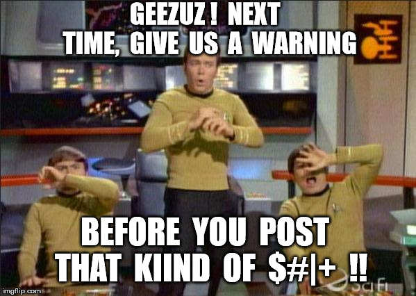WarnUsFirst | GEEZUZ !  NEXT  TIME,  GIVE  US  A  WARNING; BEFORE  YOU  POST  THAT  KIIND  OF  $#|+  !! | image tagged in star trek gasp,funny | made w/ Imgflip meme maker