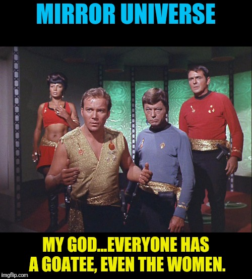 Mirror Universe Is A Very Hairy Place  | MIRROR UNIVERSE; MY GOD...EVERYONE HAS A GOATEE, EVEN THE WOMEN. | image tagged in star trek,captain kirk,star trek scotty,bones mccoy,uhura,mirror | made w/ Imgflip meme maker