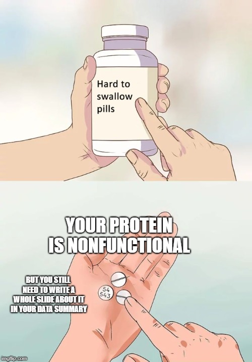 Hard To Swallow Pills Meme | YOUR PROTEIN IS NONFUNCTIONAL; BUT YOU STILL NEED TO WRITE A WHOLE SLIDE ABOUT IT IN YOUR DATA SUMMARY | image tagged in memes,hard to swallow pills | made w/ Imgflip meme maker