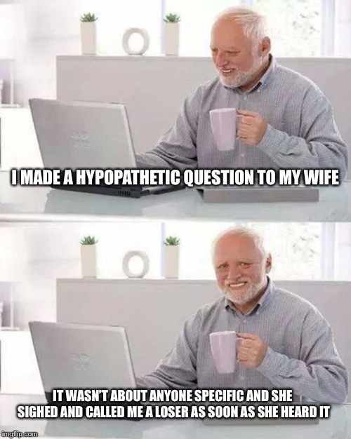 Hypopathetic Harold | I MADE A HYPOPATHETIC QUESTION TO MY WIFE; IT WASN’T ABOUT ANYONE SPECIFIC AND SHE SIGHED AND CALLED ME A LOSER AS SOON AS SHE HEARD IT | image tagged in memes,hide the pain harold | made w/ Imgflip meme maker