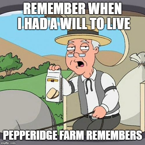 Pepperidge Farm Remembers | REMEMBER WHEN I HAD A WILL TO LIVE; PEPPERIDGE FARM REMEMBERS | image tagged in pepperidge farm remembers,can i like,not exsist,pls | made w/ Imgflip meme maker