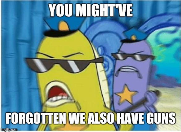 Spongebob Police | YOU MIGHT'VE FORGOTTEN WE ALSO HAVE GUNS | image tagged in spongebob police | made w/ Imgflip meme maker