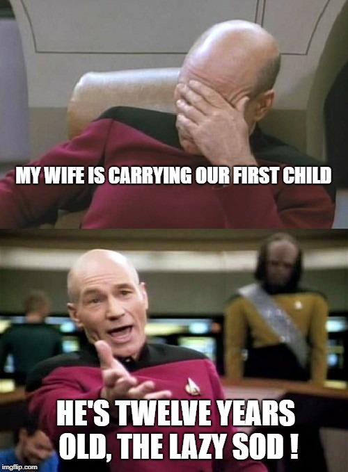 Picard Facepalm WTF Combo | MY WIFE IS CARRYING OUR FIRST CHILD; HE'S TWELVE YEARS OLD, THE LAZY SOD ! | image tagged in picard facepalm wtf combo | made w/ Imgflip meme maker