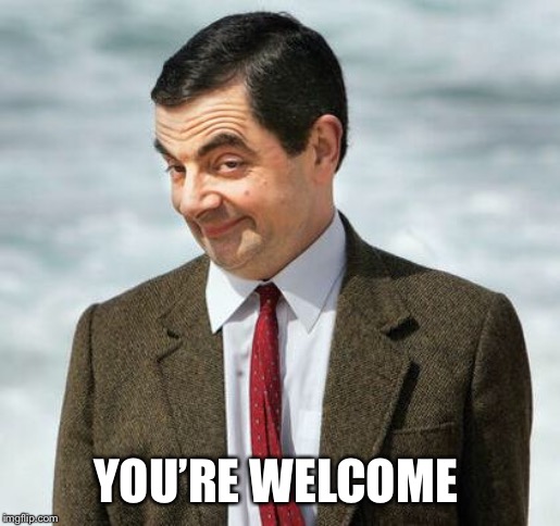 mr bean | YOU’RE WELCOME | image tagged in mr bean | made w/ Imgflip meme maker