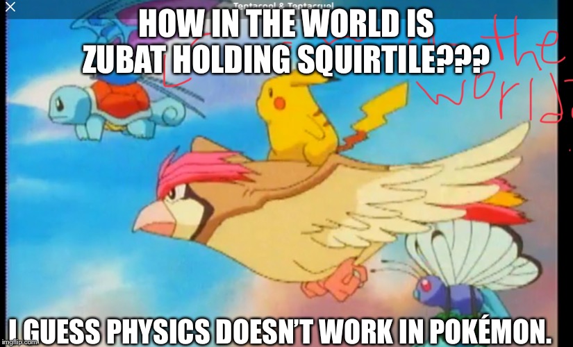 Pokémon logic meme | HOW IN THE WORLD IS ZUBAT HOLDING SQUIRTILE??? I GUESS PHYSICS DOESN’T WORK IN POKÉMON. | image tagged in funny memes | made w/ Imgflip meme maker