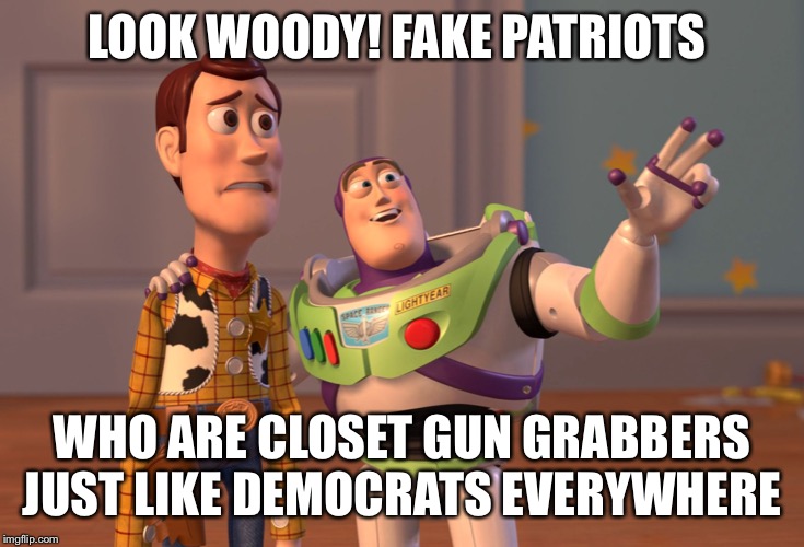 X, X Everywhere | LOOK WOODY! FAKE PATRIOTS; WHO ARE CLOSET GUN GRABBERS JUST LIKE DEMOCRATS EVERYWHERE | image tagged in memes,x x everywhere | made w/ Imgflip meme maker