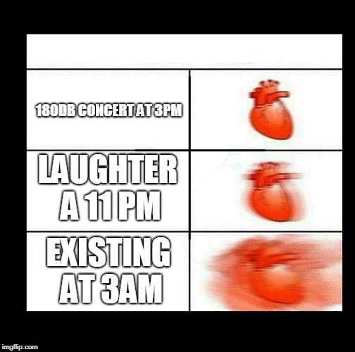 heart beating faster | 180DB CONCERT AT 3PM; LAUGHTER A 11 PM; EXISTING AT 3AM | image tagged in heart beating faster | made w/ Imgflip meme maker