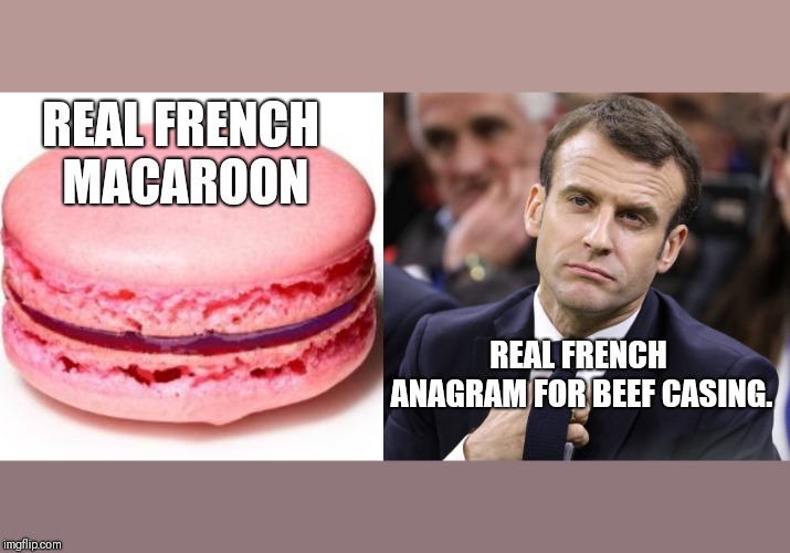 Hors d'oeuvres/Tushie! | REAL FRENCH MACAROON; REAL FRENCH ANAGRAM FOR BEEF CASING. | image tagged in political meme,government,macron | made w/ Imgflip meme maker
