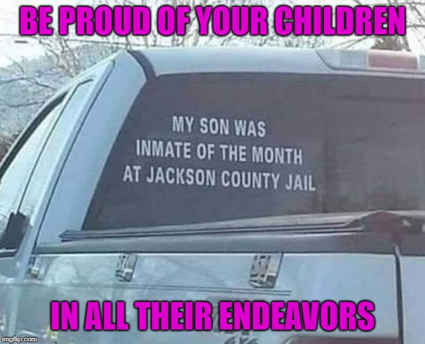 That would probably be my kid if I had any...LOL | BE PROUD OF YOUR CHILDREN; IN ALL THEIR ENDEAVORS | image tagged in inmate of the month,memes,signs,funny,funny signs,pride in your kids | made w/ Imgflip meme maker