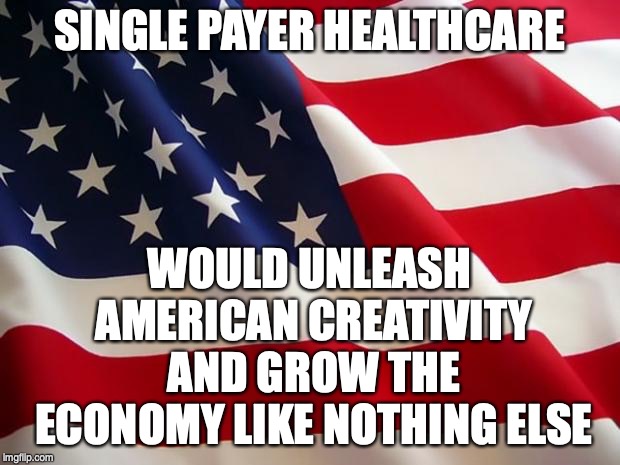 Ask yourself why the GOP wants to bury individual creativity | SINGLE PAYER HEALTHCARE; WOULD UNLEASH AMERICAN CREATIVITY AND GROW THE ECONOMY LIKE NOTHING ELSE | image tagged in american flag | made w/ Imgflip meme maker