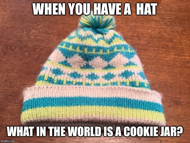 Cookies belong in hats | WHEN YOU HAVE A  HAT; WHAT IN THE WORLD IS A COOKIE JAR? | image tagged in funny,oof,cookies | made w/ Imgflip meme maker