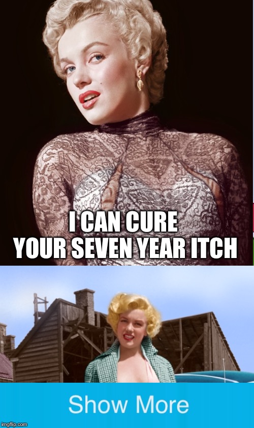 Well I hope you got your 7 year itch cured | I CAN CURE YOUR SEVEN YEAR ITCH | image tagged in memes,marilyn monroe,show more | made w/ Imgflip meme maker