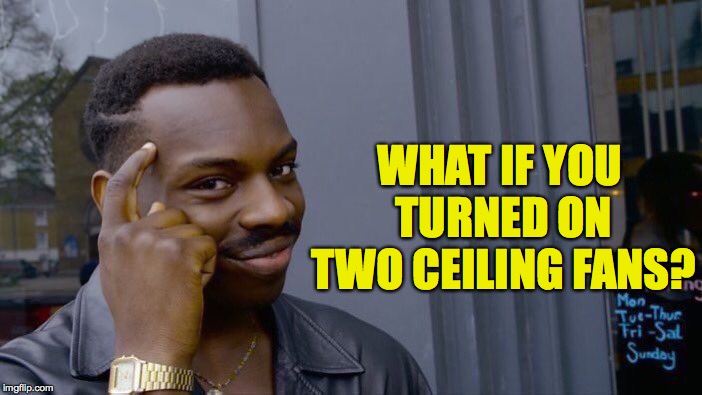 Roll Safe Think About It Meme | WHAT IF YOU TURNED ON TWO CEILING FANS? | image tagged in memes,roll safe think about it | made w/ Imgflip meme maker