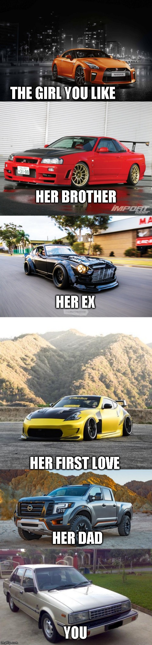 THE GIRL YOU LIKE; HER BROTHER; HER EX; HER FIRST LOVE; HER DAD; YOU | image tagged in cars | made w/ Imgflip meme maker