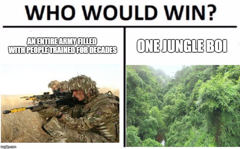 Who Would Win? | AN ENTIRE ARMY FILLED WITH PEOPLE TRAINED FOR DECADES; ONE JUNGLE BOI | image tagged in memes,who would win | made w/ Imgflip meme maker