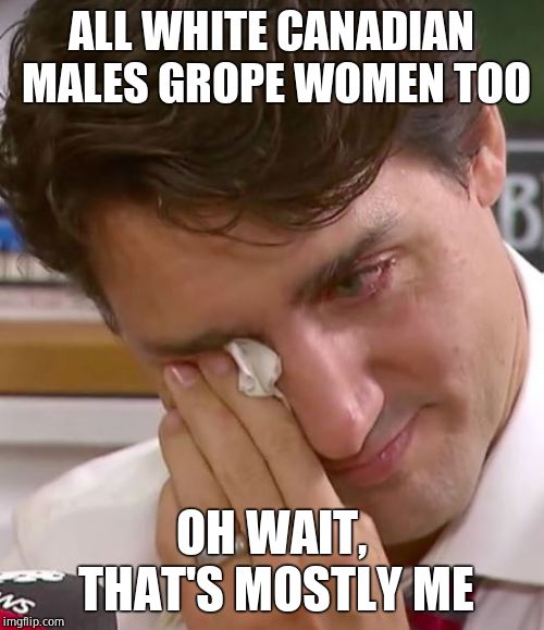 Justin Trudeau Crying | ALL WHITE CANADIAN MALES GROPE WOMEN TOO OH WAIT, THAT'S MOSTLY ME | image tagged in justin trudeau crying | made w/ Imgflip meme maker