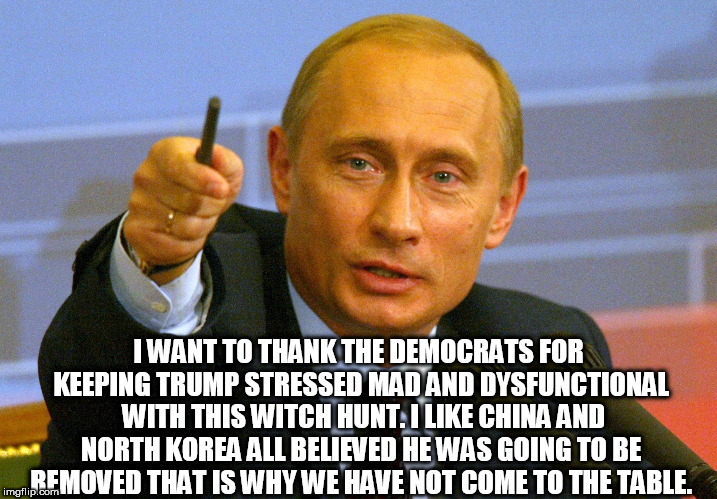 Putin "Give that man a Cookie" | I WANT TO THANK THE DEMOCRATS FOR KEEPING TRUMP STRESSED MAD AND DYSFUNCTIONAL  WITH THIS WITCH HUNT. I LIKE CHINA AND NORTH KOREA ALL BELIEVED HE WAS GOING TO BE REMOVED THAT IS WHY WE HAVE NOT COME TO THE TABLE. | image tagged in putin give that man a cookie | made w/ Imgflip meme maker